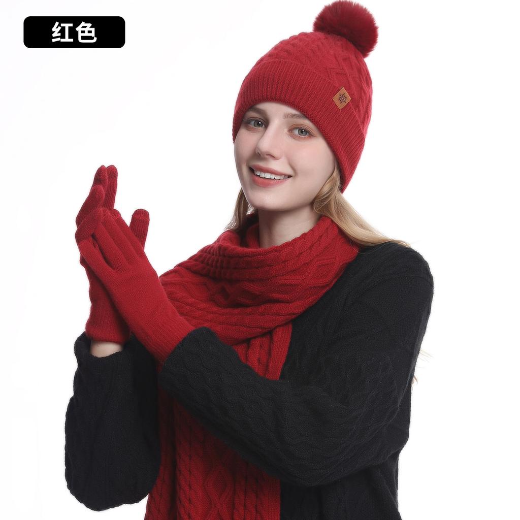 Knitted hat, scarf, gloves, three-piece set, women's winter velvet, warm outdoor riding, ear protection, wool, knitted hat