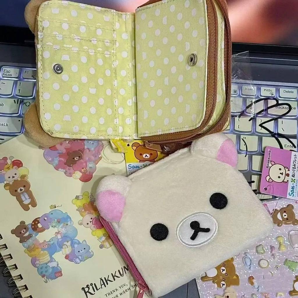 Cute Cartoon Bear Plush Short Wallet Coin Purse For Women Girls Money Clip Storage Bag Gift