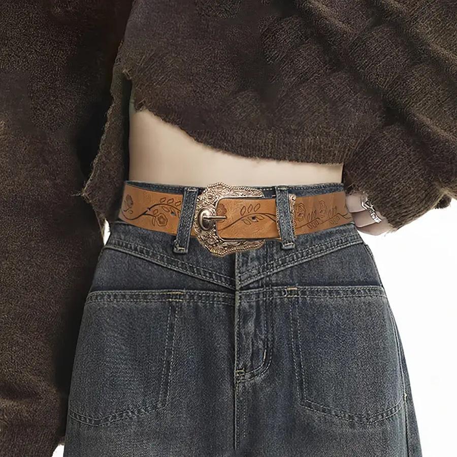 Unisex Retro Brauner Ledergürtel mit Spicy Girl Aufdruck