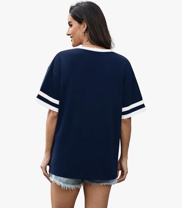 2026 Women's V-Neck Striped Color Block Loose Casual Sports Top