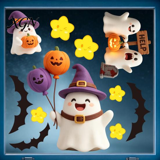 Transparent Window Murals 2Pcs Cute Ghost Halloween Static Stickers, PVC Waterproof Cartoon Pumpkin Bat And Decals Star Glass Decals, Reusable Clings