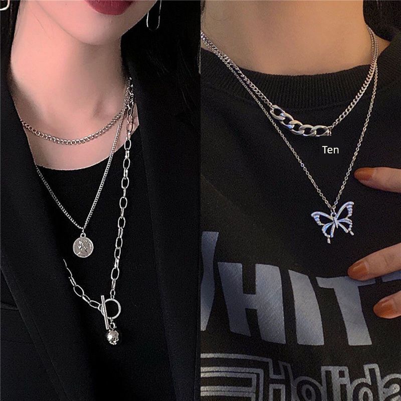 

Double-Layer Twin Long Necklace Women s Sweet Cool Sexy Style Sweatshirt Decorations Men s Sweater Chain Accessible Luxury Fancy Pendant Three layer portrait + cross butterfly necklace