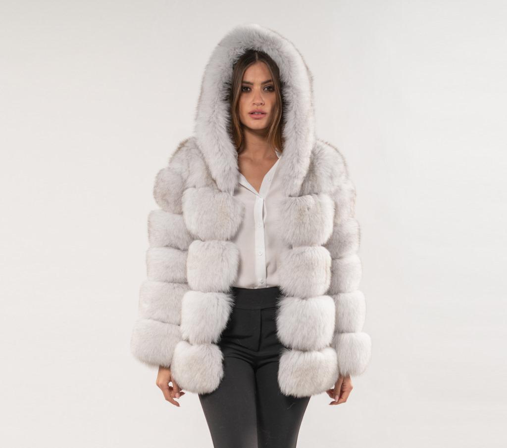 Palton de damă cu glugă din blană artificială cu blană de vulpe, Stil european și american 2019, Disponibil în stoc