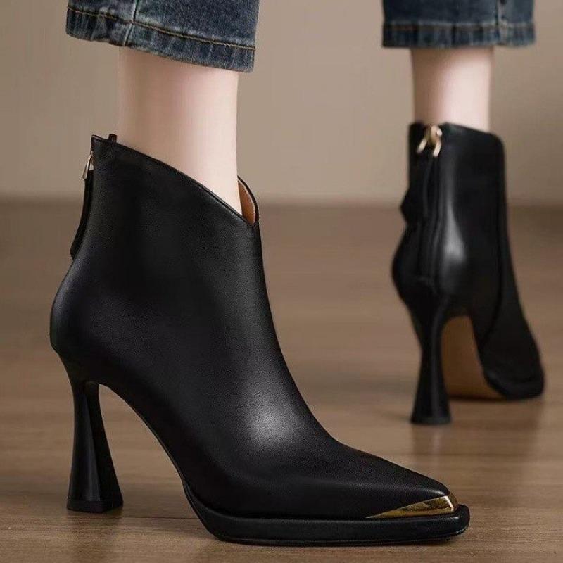 Fashion 2025 Versatile French Metal Pointed Toe Booties Women's Fall/Winter New High Heel Block Heel Skinny Boots