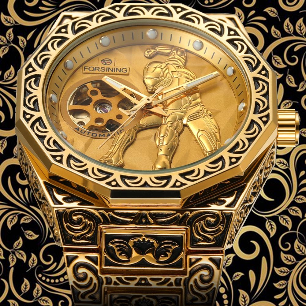 Royal Knight Mechanické hodinky s dutým ciferníkem Nerezové pánské retro hodinky Módní a personalizované hodinky s nočním osvětlením