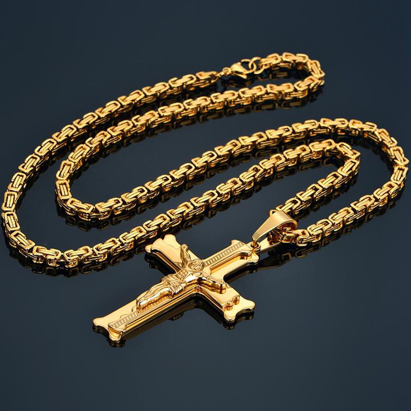 Stainless Steel Big Jesus Cross Pendant with Long Chain Men's Gold Color Crucifix Necklaces Male Religious Jewelry Dropshipping