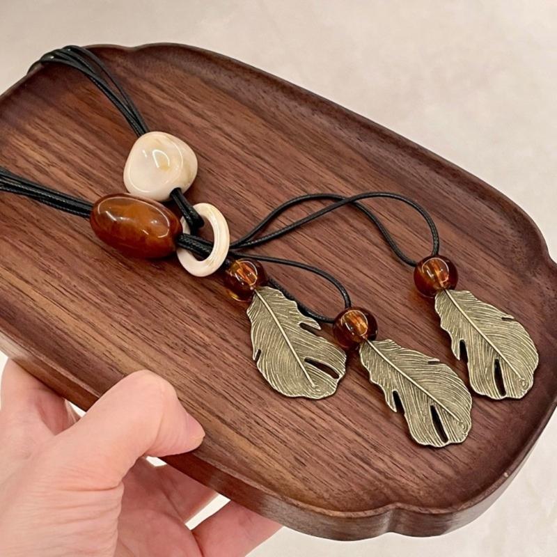 Long Bohemian Ceramic Bead Strand Necklace Ethnic Leaf Pendant Fringe Jewelry for Women Summer Statement Accessory