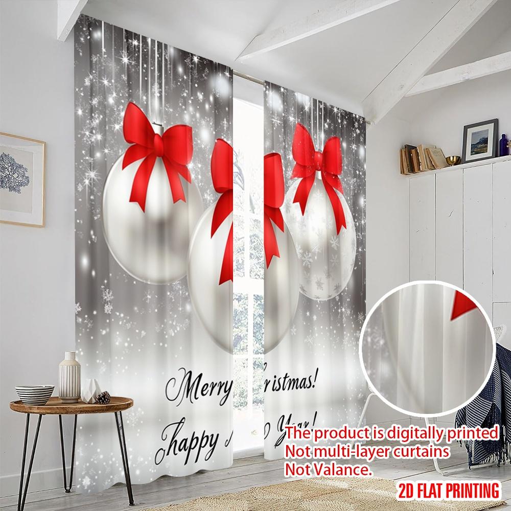 2pcs,2D Plane Printing Minimalist Curtains Christmas Baubles Red Bows (3) Polyester (without Rod) Gifts Use for Bedroom, Living