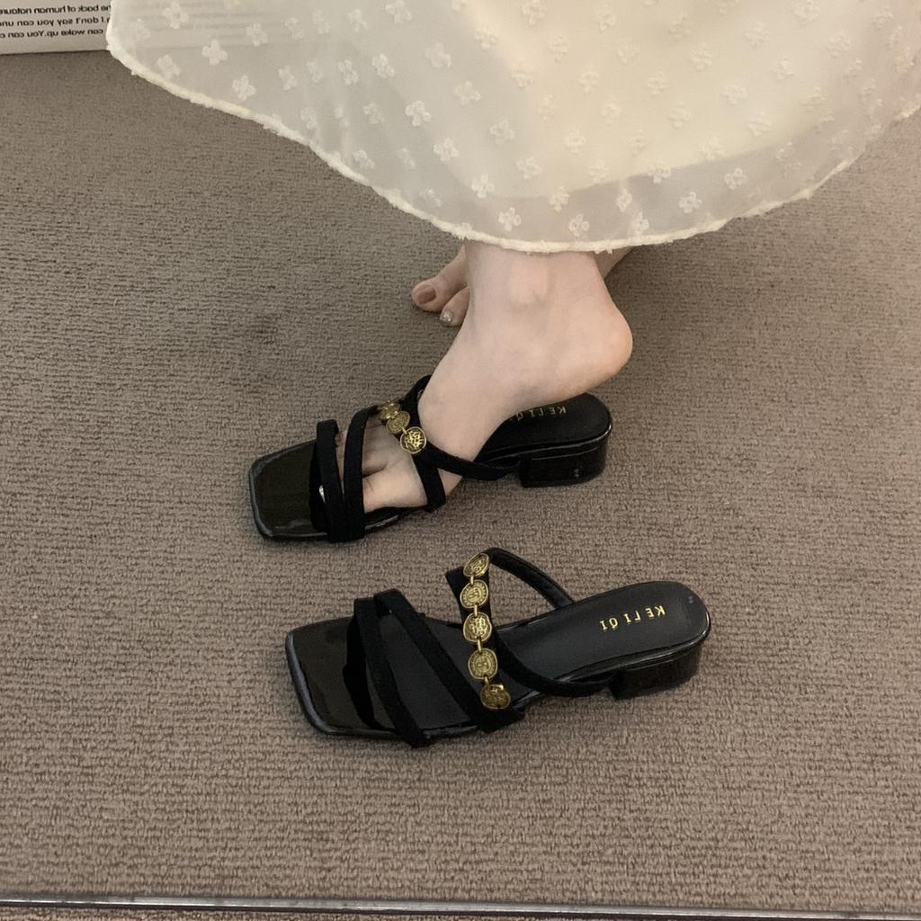 Niche thick heel French commuter outer slippers women's shoes 2025 summer skirt temperament evening breeze sandals