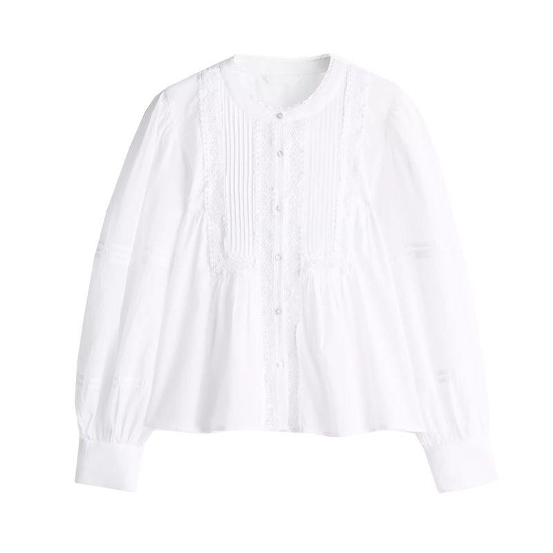 Spring and Summer New Women's Clothing Lace Inlaid Chinese Stand Collar Bubble Long Sleeve Fine Pleated Decorative Shirt 1281837