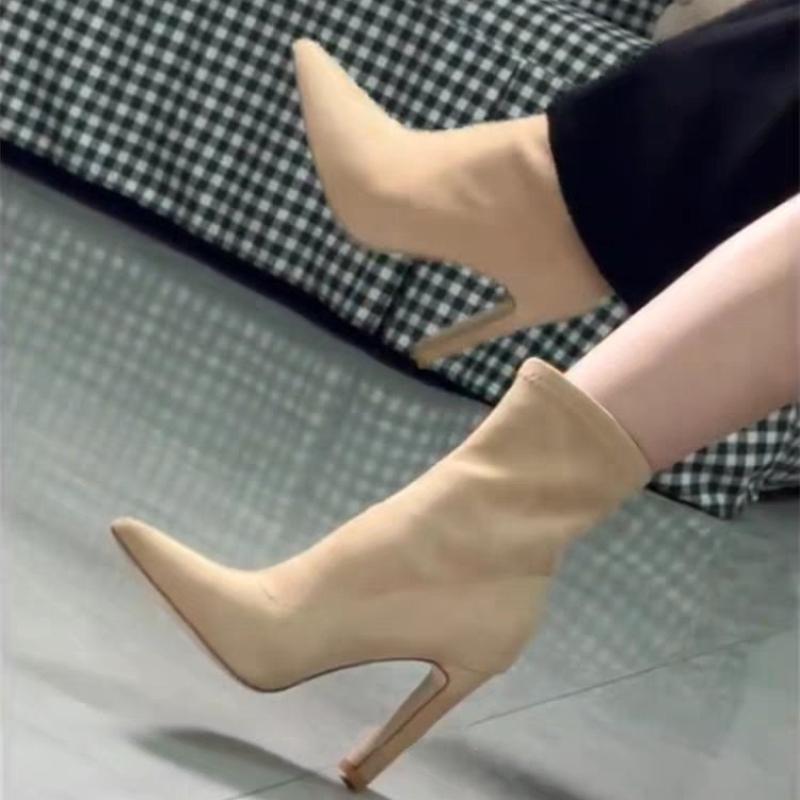 Fashion 2025 New Design Women Chunky Heel Suede Boots Pointed Toe Slim Ankle Boots Nude Color Autumn Winter Shoes