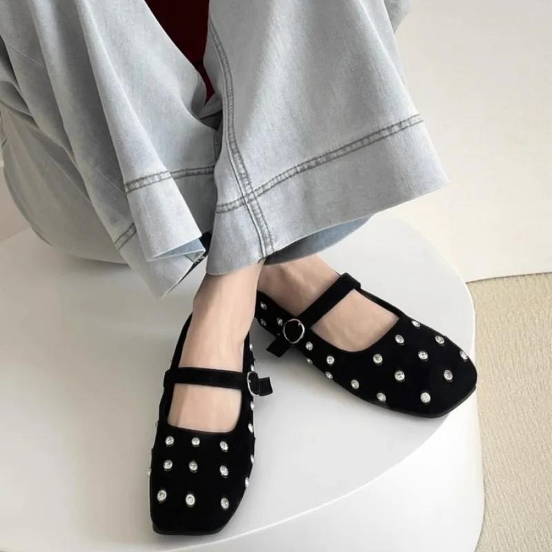 Frühlings flache Schuhe für Damen quadratische Spitze flacher Ausschnitt Wildleder Strassstein weiche Sohle rutschfest abriebfest einzelne Schuhe