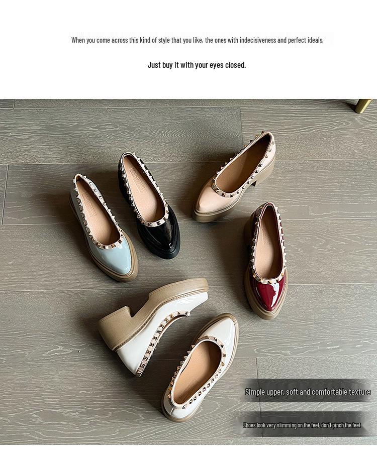 2025 Damskie buty w stylu koreańskim ze szpiczastym noskiem i ukrytym obcasem - Ćwiekowane, kolorowy blok, lakierowana skóra