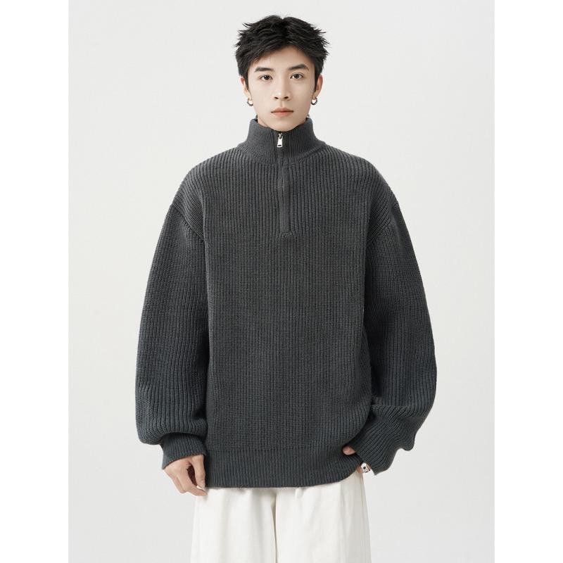 Trendy Brand Half-zip Turtleneck Solid Color Sweater for Men Autumn Loose Japanese Versatile Pullovers