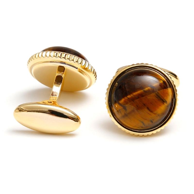 

Vintage Round Gold Cufflinks for Mens Dress Shirts Copper and Tigers Eye Gemstones Construction Cuff Links