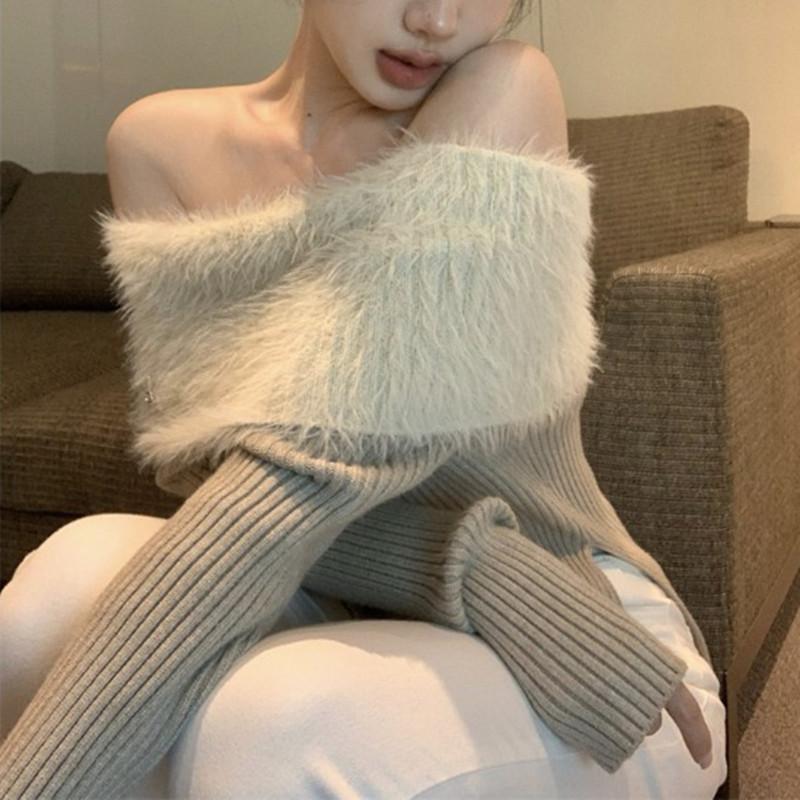 

Модный сексуальный пуловер с открытыми плечами, свитер на одно плечо, женский осенне-зимний топ в стиле Spice Girl, элегантный приталенный повседневный простой наряд One Size хаки