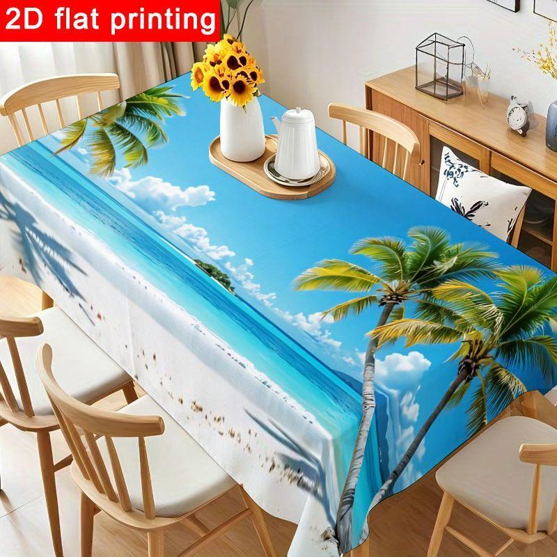 1pc Tropical Beach Tablecloth - Stunning Polyester Table Cover with Palm Trees And Ocean Design, Reusable & Easy to Clean for Summer Gatherings, Beach