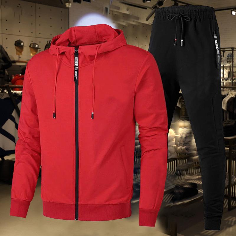 Men's Large Size Single Layer Casual Set Long Sleeve Hooded Zipper Shirt + Pants 2 Piece Set