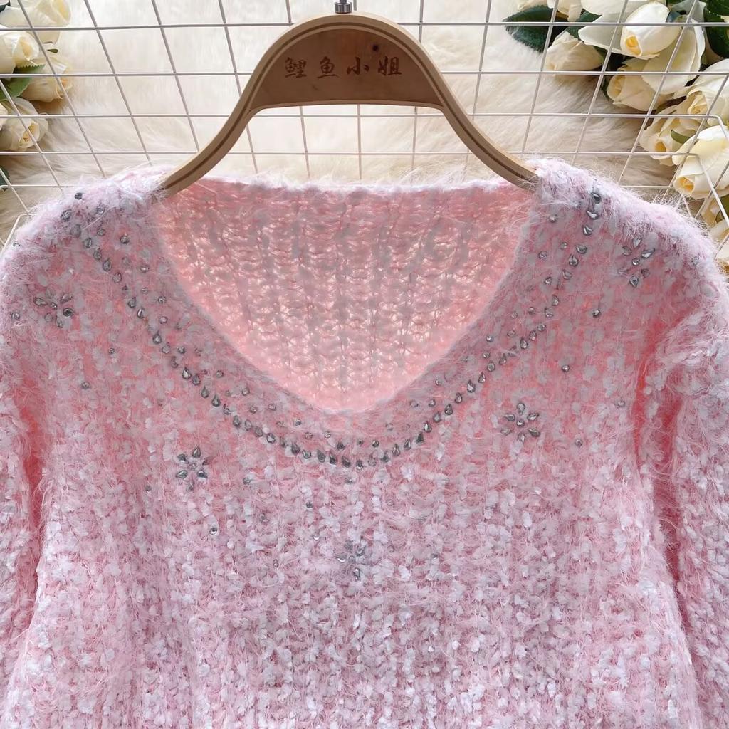 Autumn Winter Women Sweet V-neck Soft Furry Mohair Rhinestone Knitted Sweater Christmas Pullover Tops