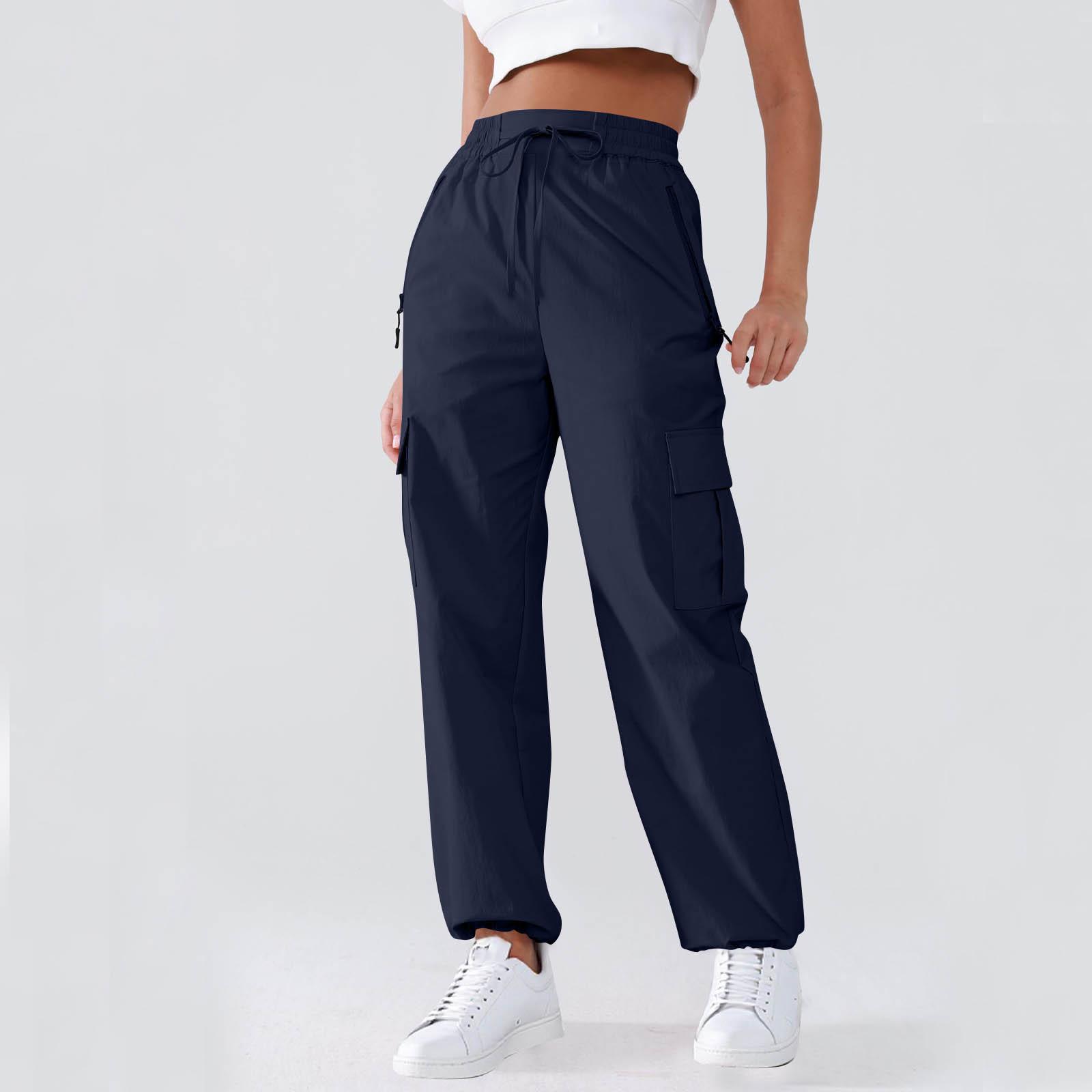 

Women s Overalls Casual Lightweight Solid Color Trousers Drawstring Multi-Pockets Straight Leg Pants M тёмно-синий