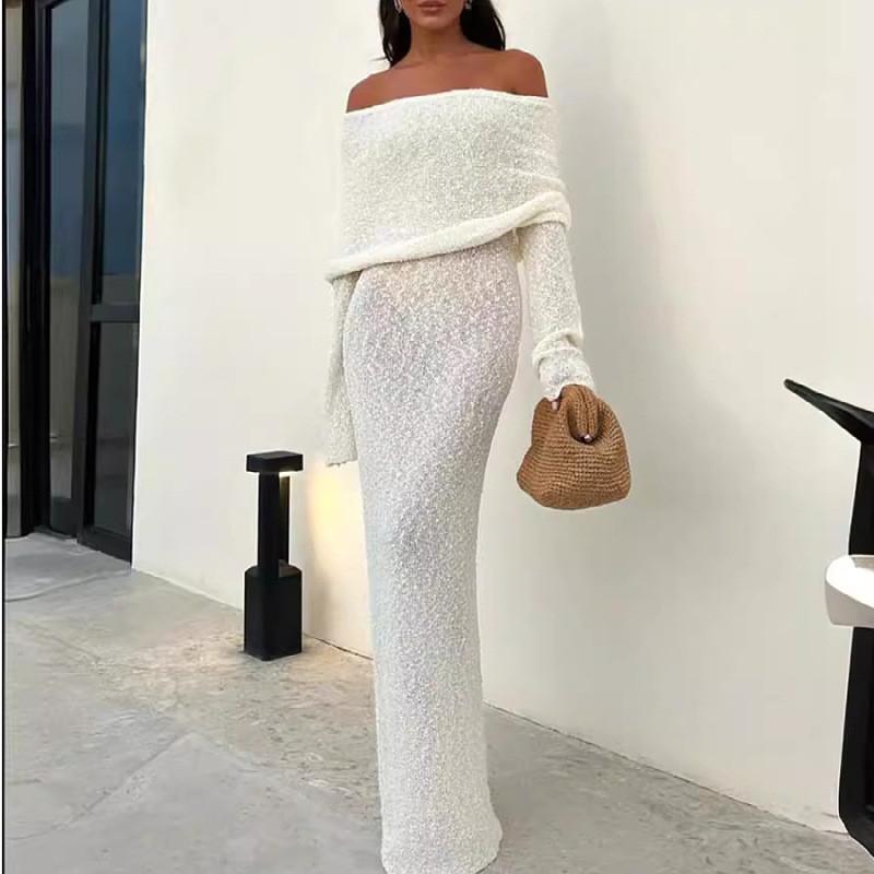 Summer French Beach Dress With Long Sleeves And Off Shoulder Style For Casual Women