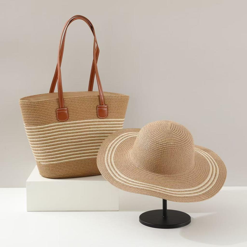 1 Conjunto Chapéu de Sol Estilo Boêmio Feminino + 1 Bolsa de Ombro, Estilo Férias, Chapéu de Palha de Ombro Bolsa Tote de Praia para Viagem de Verão Férias