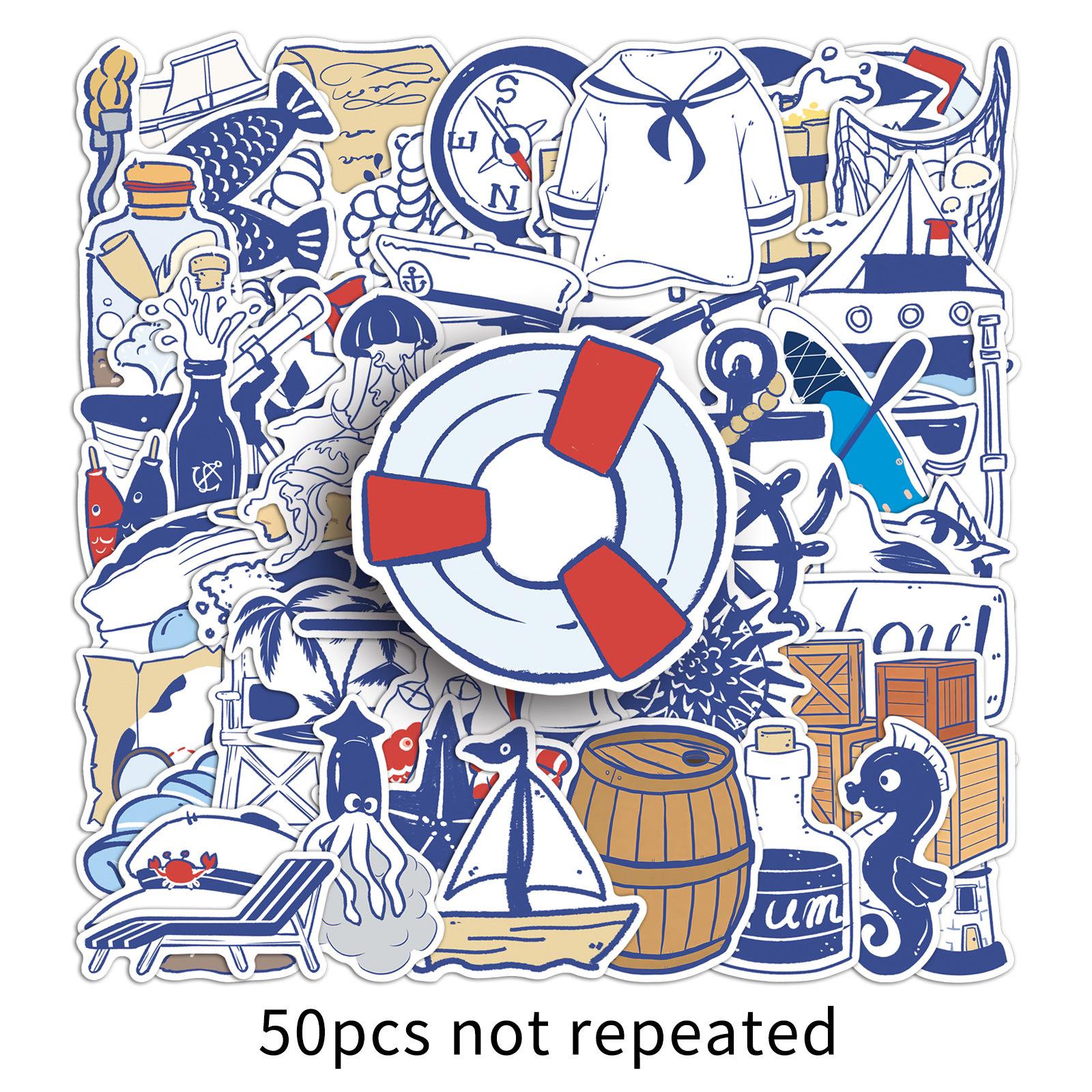 50 Navy Style Nautical Adventure Stickers - Hand-drawn, Waterproof, Decorative
