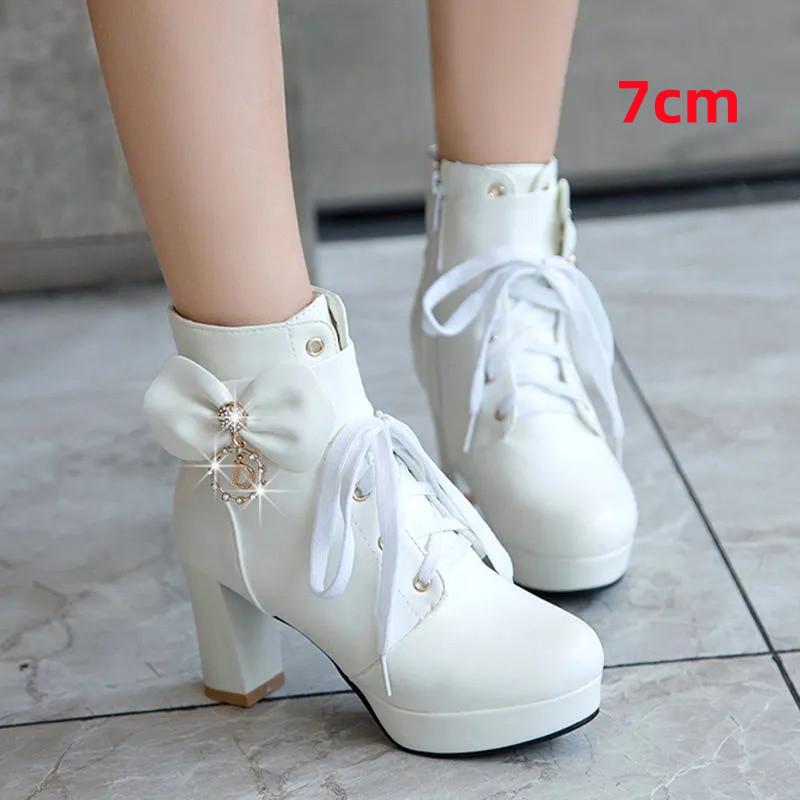 

Cresfimix Botas Femininas женские повседневные белые лакированные кожаные ботинки на шнуровке на высоком каблуке женские большие размеры черные весенние ботинки Lolita A680 34