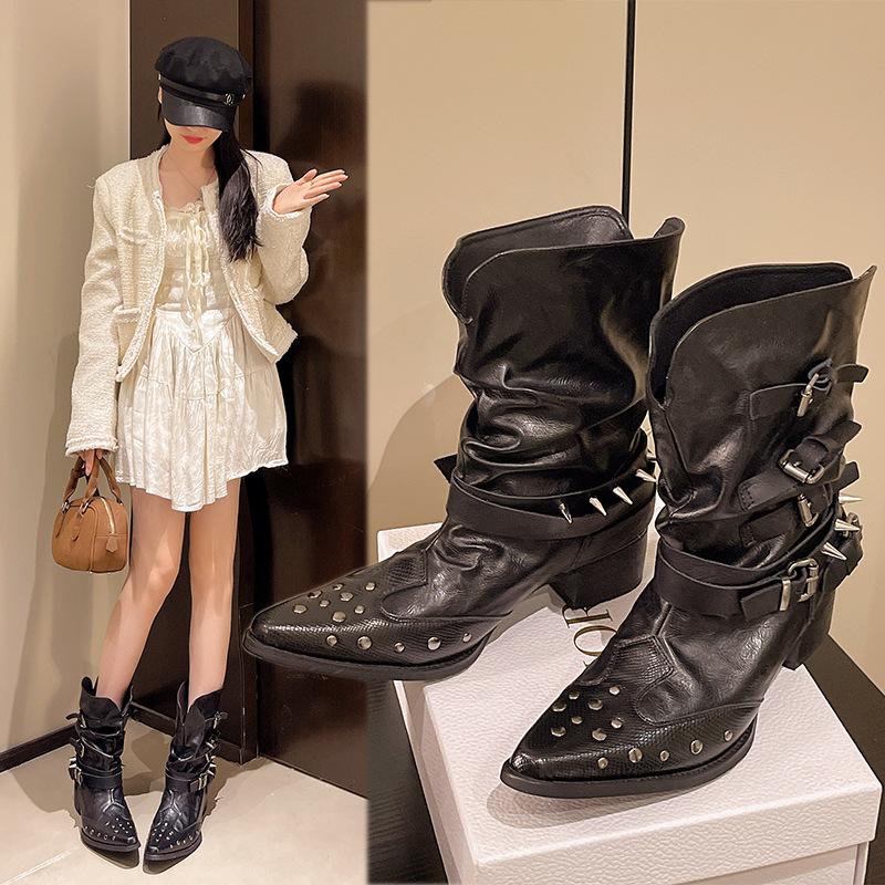 Rivet decorated women's Martin boots comfortable soft elastic trend non-slip wear chic versatile outstanding height increase shoes