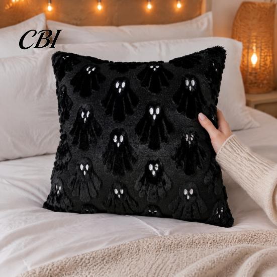 Versatile Square Throw Pillow Covers Halloween Ghost Cushion Cover, Fuzzy 18x18 Inch Washable Plush Case for Sofa Couch Home Holiday Decor Removable
