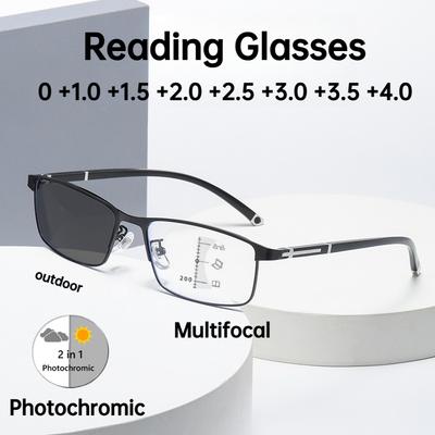 Men's Square Photochromic Multifocal Reading Glasses Anti Blue Light Far Near Presbyopia Full Frame Classic