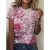 Fashion Women's Crew Neck T-Shirt 3D Flower Color Printing Flower Short Sleeve Crew Neck Short Sleeve