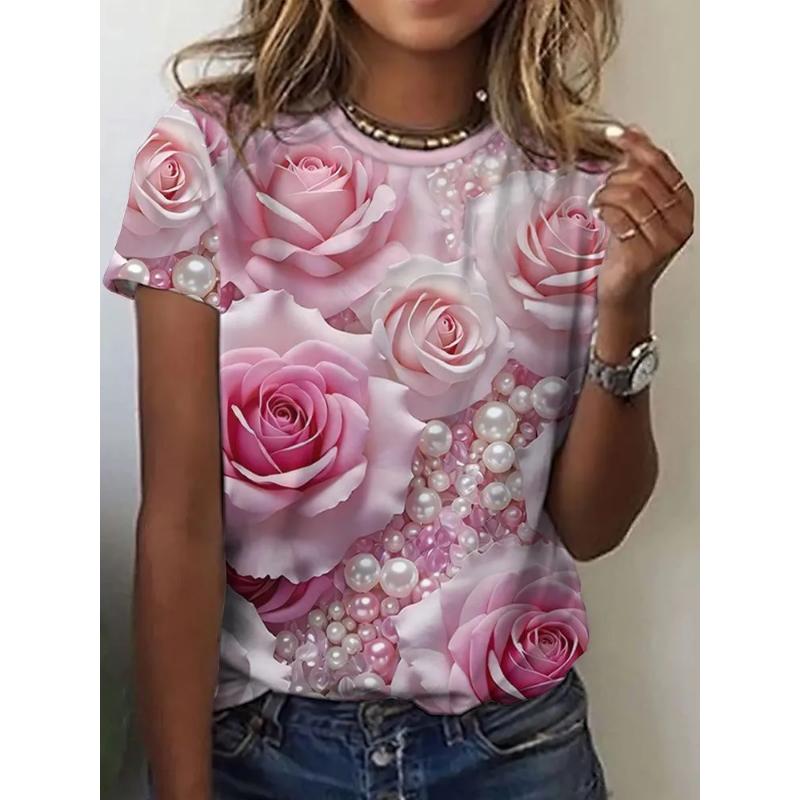 Fashion Women's Crew Neck T-Shirt 3D Flower Color Printing Flower Short Sleeve Crew Neck Short Sleeve