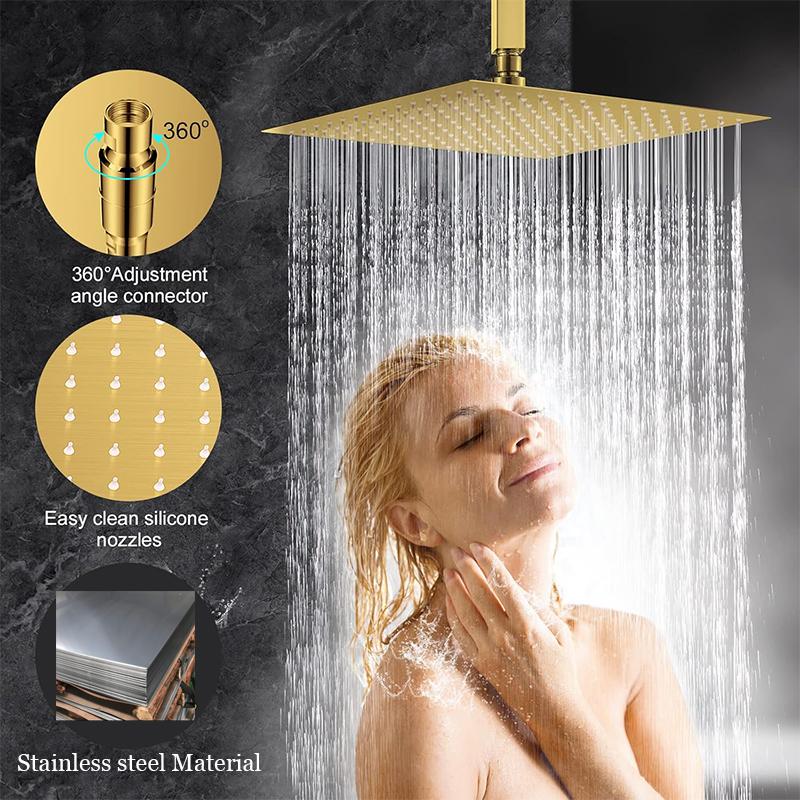 BAKALA 8/10/12 Inch Water Powered Rain Shower Head Bathroom Square Brush Gold Shower Head Stainless Steel Shower Head