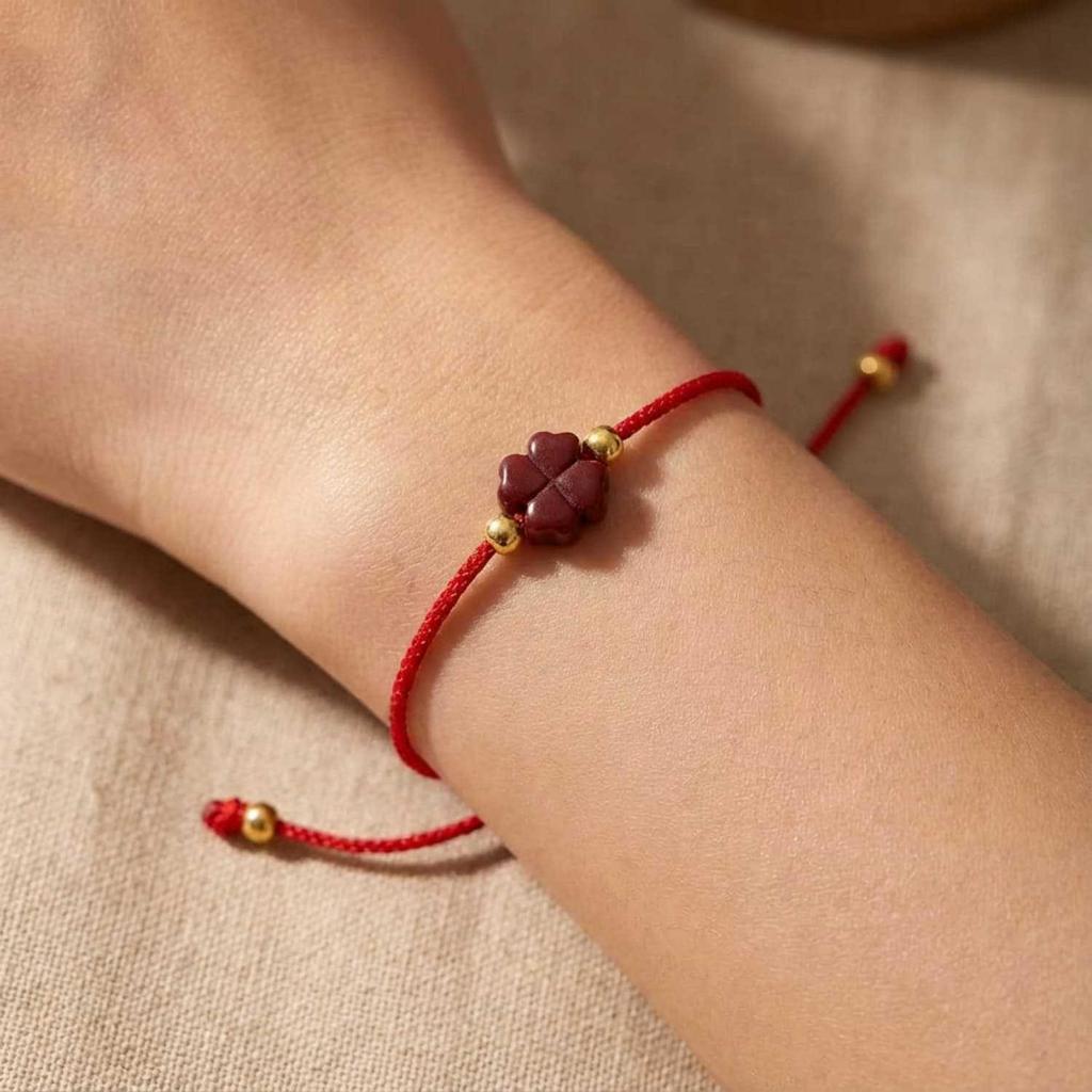 Hot Selling Cinnabar Four-Leaf Clover Bracelet: Fashionable, Versatile, Simple Red Rope Zodiac Year Hand Accessory