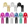 Kids Girls Metallic Shiny Long Sleeve Stand Collar Zipper Jacket with High Waist Pants for Sports Workout Dance
