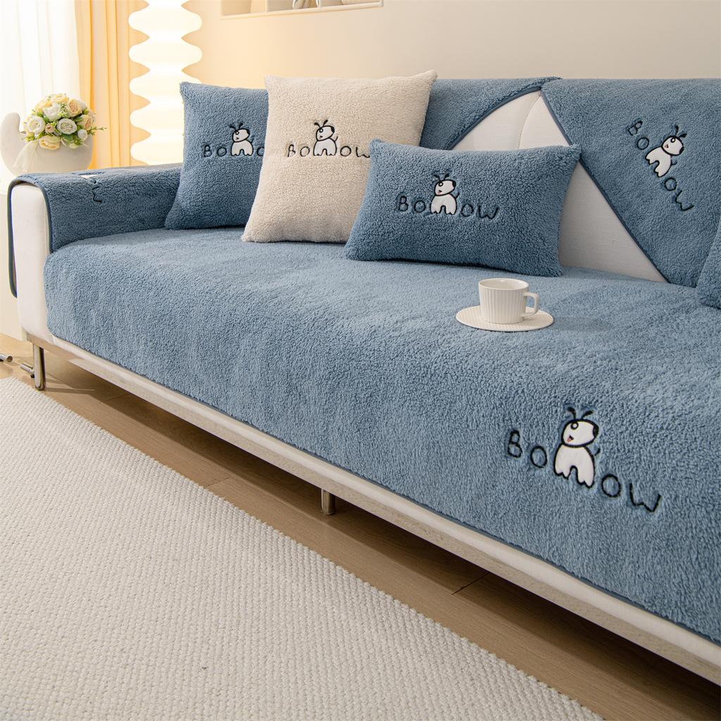 Embroidery Sherpa Fleece Sofa Cover Non-slip Soft Sofa Towel Couch Cushion for Living Room Modern Home Decor