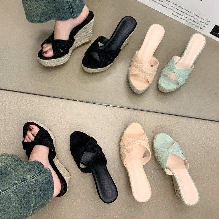 Wedge heel slippers women's new summer fashion outer wear woven hemp rope versatile high heel one-word slippers women