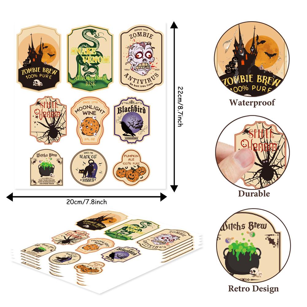 3/15sheets Halloween Bottle Paper Stickers Horror Ambiance Skull Bat Halloween Bar Party Drink Bottle Decoration Supplies