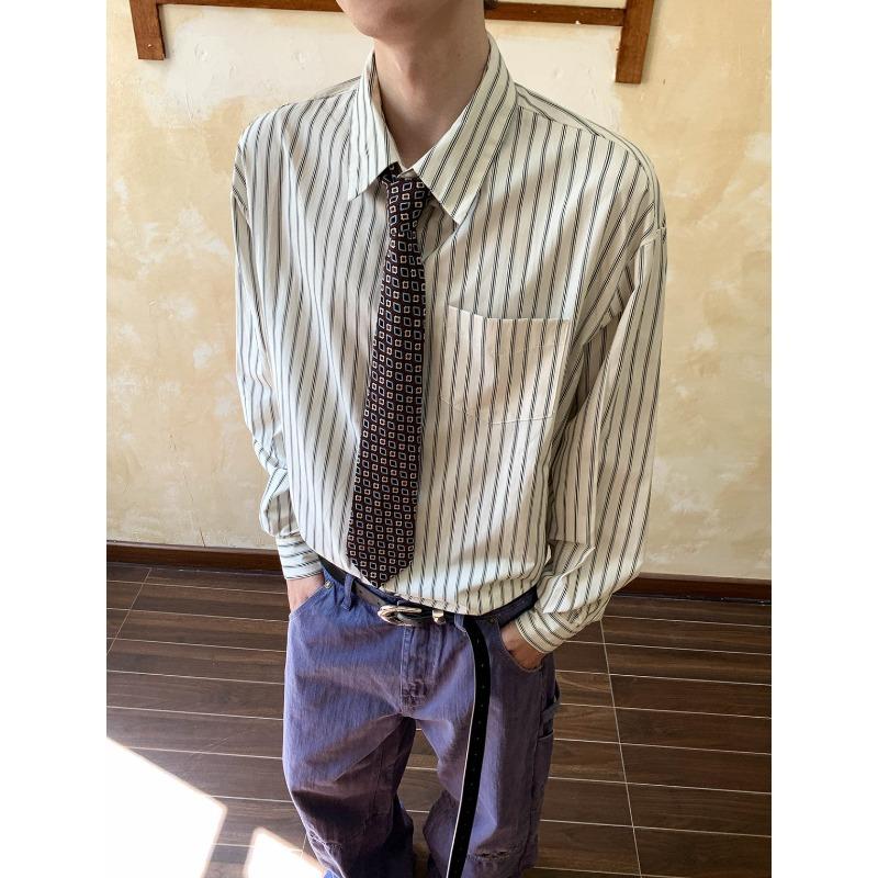 Spring New Striped Simple Lapel Shirt Men's High-end Retro Long-sleeved Top