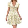 Summer New Style Country-style Short Skirt with Floral Pattern, V-neck, Short Sleeves, and Fishbone Waistline Closure Dress