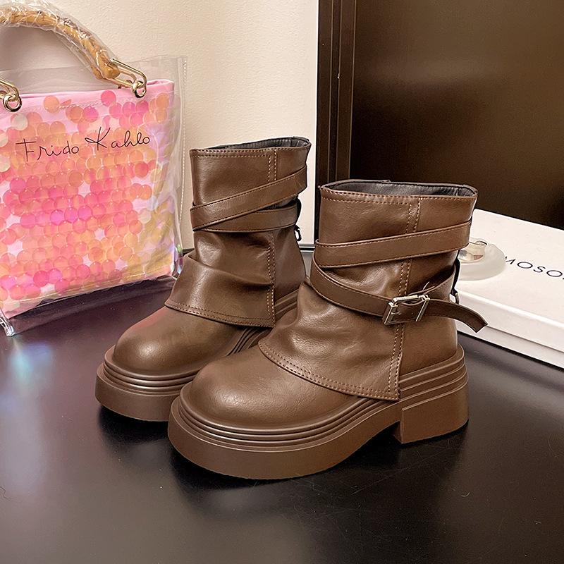 Martin boots women's 2025 new brown summer single boots platform short boots Maillard heightening pile pants tube boots