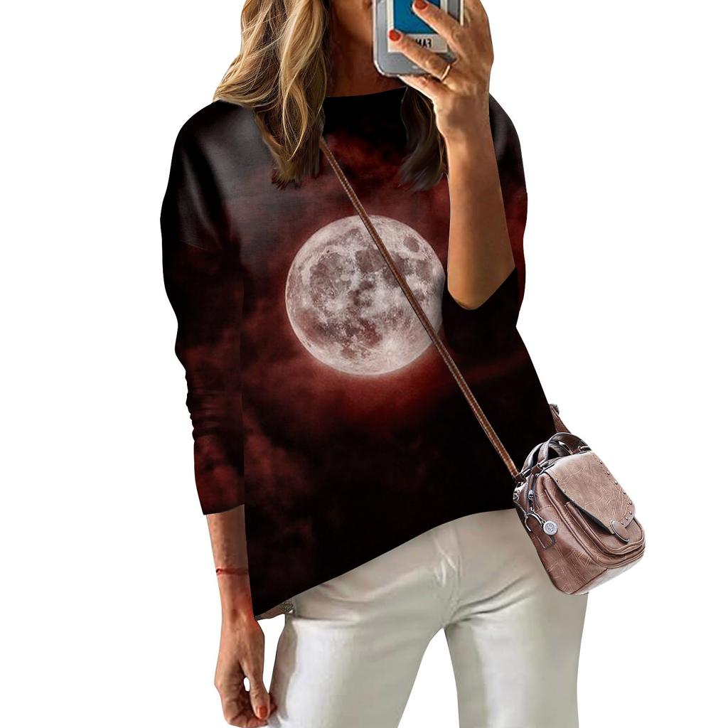 Damen T-Shirt Bedruckt Langarm Alltagsmode Wochenende Überschnittene Schulter Rundhals Top Bluse