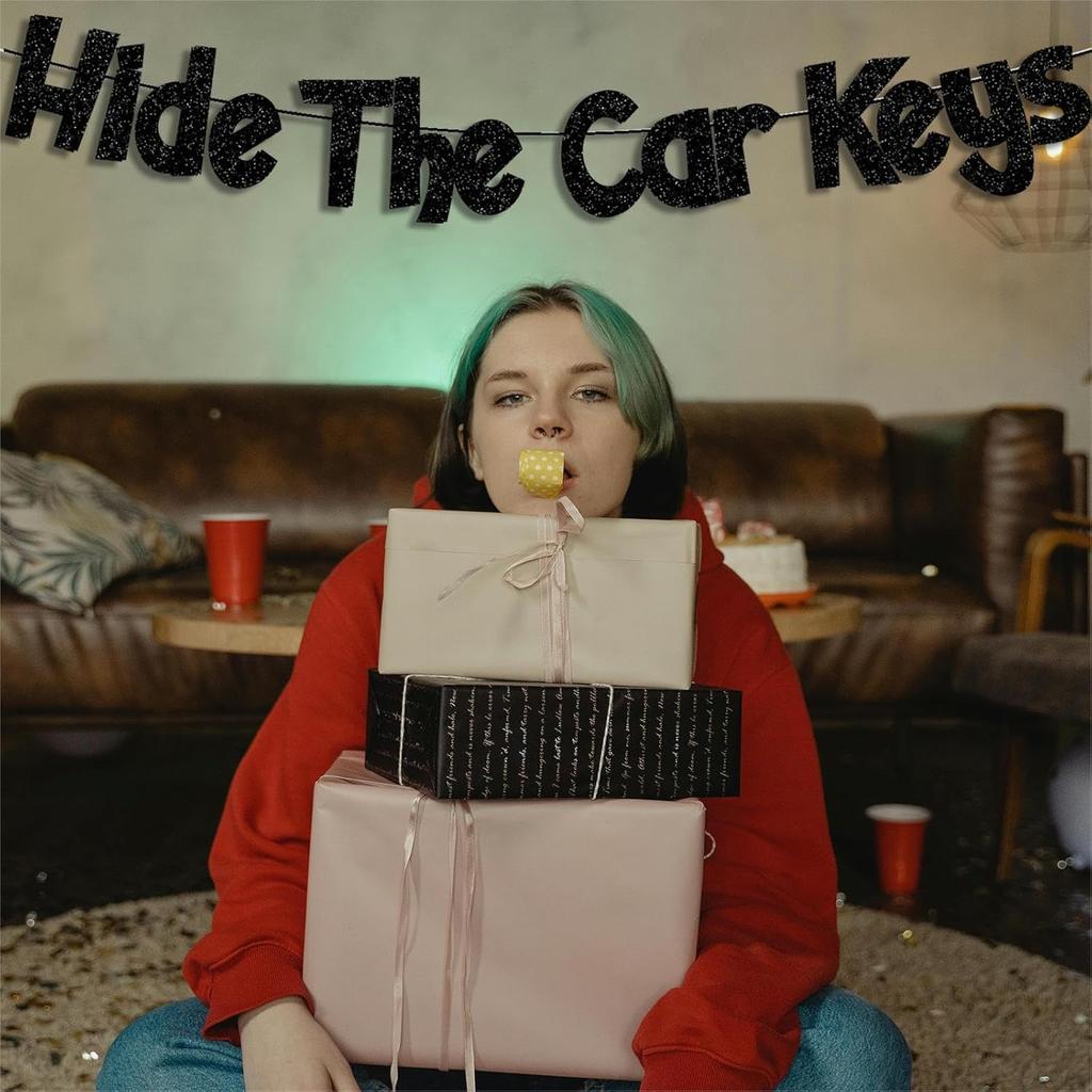 Hide The Car Keys Banner,Pre-Strung Glitter Black Happy 16th Birthday Banner,15th and 16th Funny Birthday Party Decorations for Boys Girls 16 Year