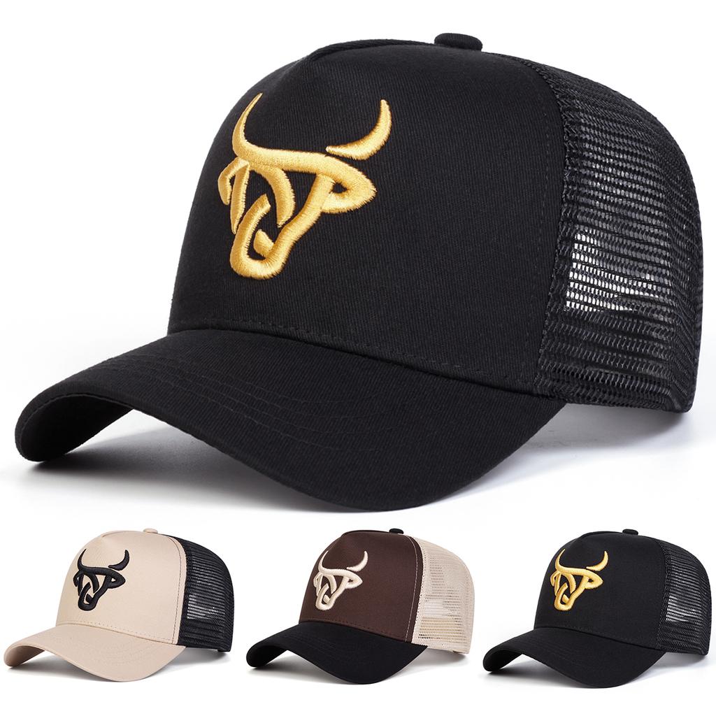 Men Bull Head Embroidered Baseball Cap Mesh Hat Outdoor Adjustable Sunscreen Leisure Hat Spring Autumn Travel Tourism Beach Vacation