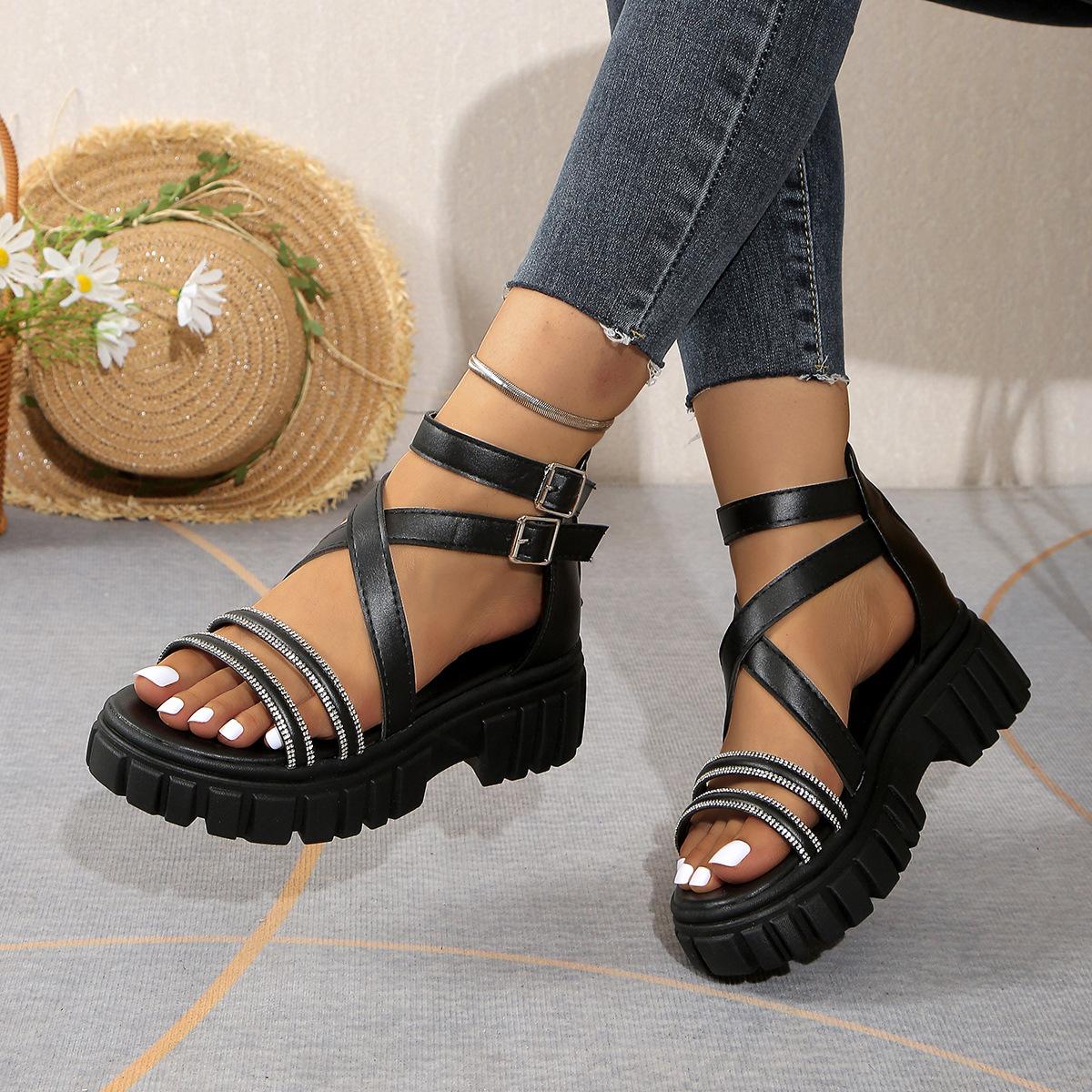 

Rear zipper platform Roman sandals women s 2025 summer wear new rhinestone fashion versatile open-toed sandals 43 чёрный