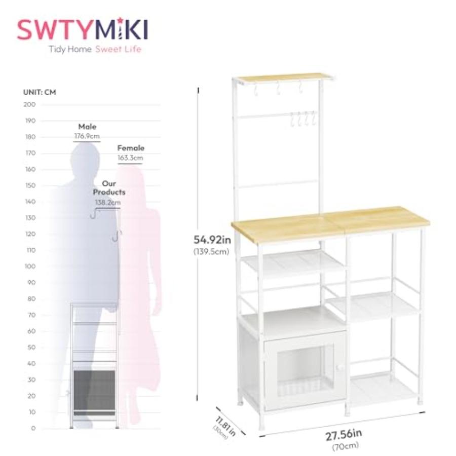 Bakers Rack with Storage Coffee Bar Cabinet Organizer with 8 Hooks Shelves Cabinet Door Coffee Station for Kitchen Dining Room