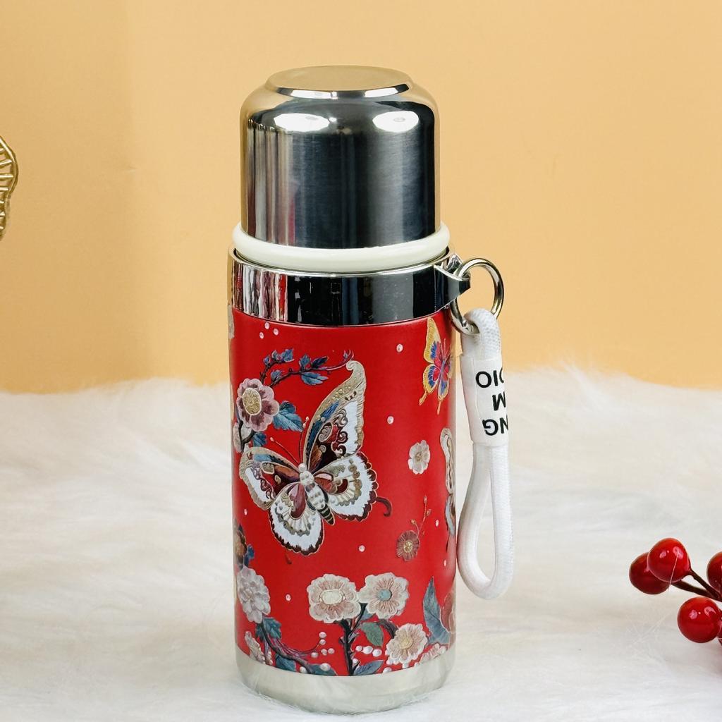 Water Bottle111 Stainless Steel Thermos Cup High Value Rose Peony Tea Water Cup with Lifting Rope Portable Large Capacity Cup