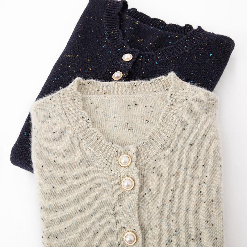 Women's Sweet Style Dot Yarn Round Neck Cashmere Cardigan with Lace Trim