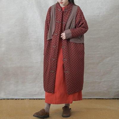 Women Chinese Style Parkas Stand Long Sleeve Warm Winter Coats Print Floral Patchwork Female Parkas